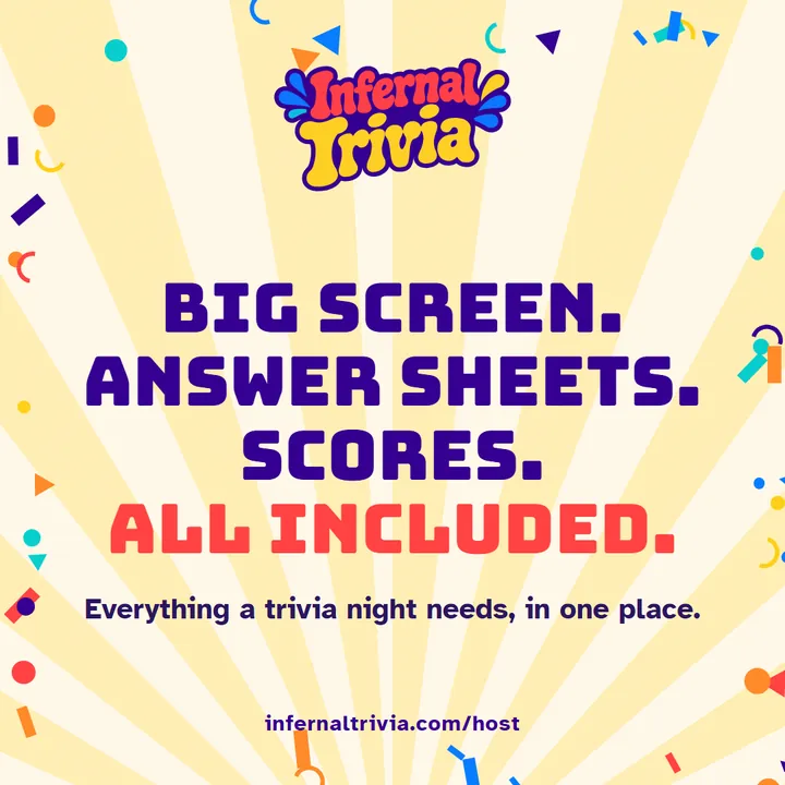 Infernal Trivia Host — Big screen. Answer sheets. Scores. All included. infernaltrivia.com/host