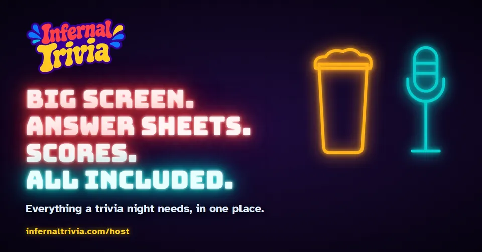 Infernal Trivia Host — Big screen. Answer sheets. Scores. All included. infernaltrivia.com/host
