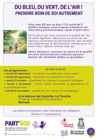 Affiche : Du bleu, du vert, de l’air ! Prendre soin de soi autrement, Maison de Quartier La Touche, 3 nov.