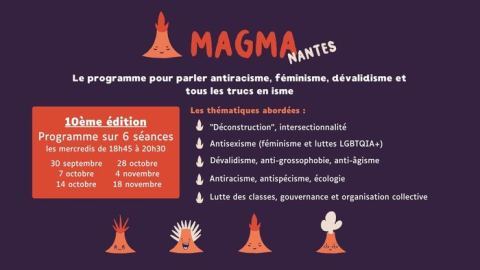 Affiche : Programme de sensibilisation aux discriminations · Magma'Nantes #10, Open Lande, 4 nov.