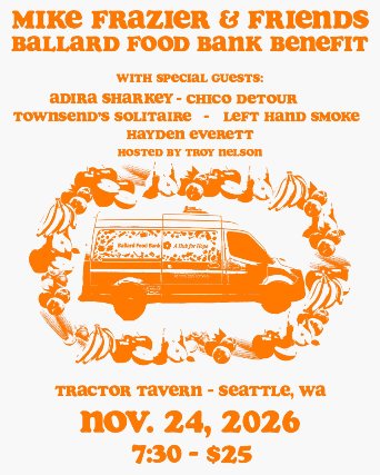 Poster: Ballard Food Bank Benefit featuring Mike Frazier & Friends, Hosted by DJ Troy Nelson