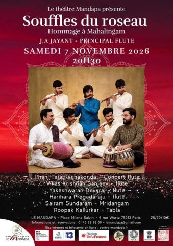 Affiche : Souffles du roseau - Musique indienne, Théâtre Mandapa, 7 nov.
