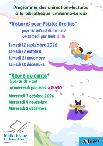 Affiche : Prochaines animations lectures à la bibliothèque associative, Bibliothèque associative Emilienne-Leroux, 4 nov.