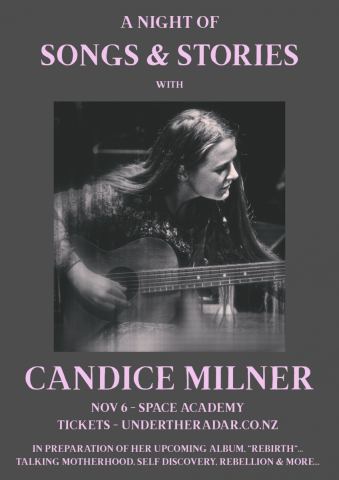 Poster: Candice Milner a Night of Songs & Stories, Space Academy, Nov 6