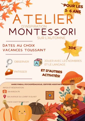 Affiche : Les ateliers de l'automne inspiration Montessori 🍁, Marie Pineau psychopédagogue, 29 oct.