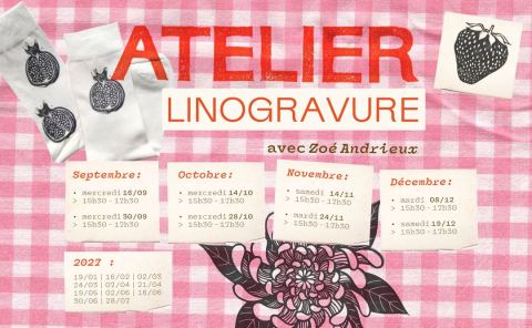 Affiche : Ateliers Linogravure / 2026-2027, Les Yvette, 28 oct.