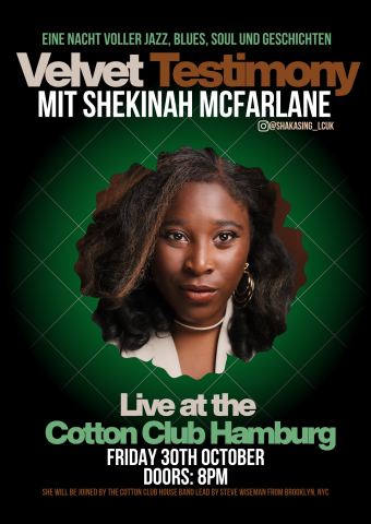 Poster: SHEKINAH - VELVET TESTIMONY, Cotton Club, Oct 30
