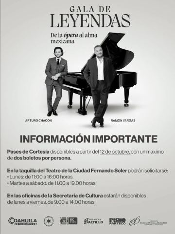 Poster: Gala de Leyendas: De la ópera al alma mexicana con Ramón Vargas y Arturo Chacón en el Teatro de la Ciudad Fernando Soler, Teatro de la Ciudad Fernando Soler, Oct 29