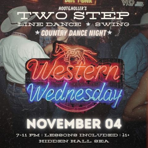 Poster: WESTERN WEDNESDAYS: Country Dance Night, Hidden Hall, Nov 4