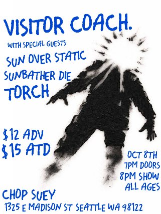 Poster: Visitor Coach, Sun Over Static, Sunbather Die, Torch
