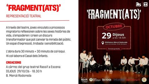 Cartel: Espectacle "Fragment(ats)", a càrrec del grup teatral "Rassif a Escena", Biblioteca Mercè Rodoreda, 29 oct