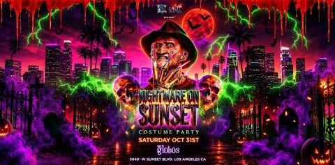Poster: 18+ SATURDAY NIGHTMARE ON SUNSET LOS GLOBOS HALLOWEEN OCT 31 FREE W/ RSVP, Los Globos, Oct 31