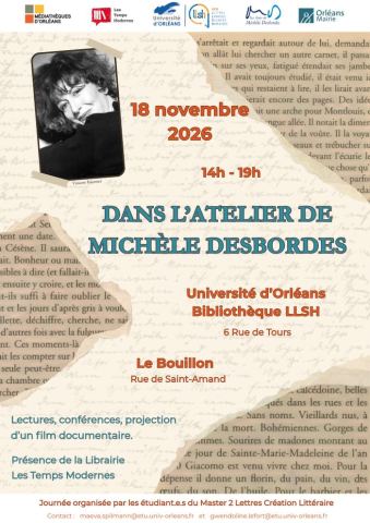 Affiche : Dans l'atelier de Michèle Desbordes, Bibliothèque universitaire Lettres, 18 nov.