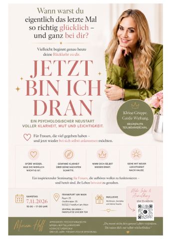 Plakat: Jetzt bin ich dran! Ein Psychologischer Neustart zurück zu dir (Miriam Hoff), RAUM25 GmbH, 7. Nov.