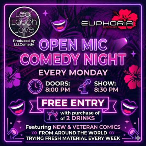 โปสเตอร์: Monday's Open Mic Comedy Night, Euphoria Bar And Lounge, 2 พ.ย.