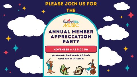 Poster: Annual Member Party ft. Sister Sadie & Tonewood String Band, Swallow Hill Music, Nov 6