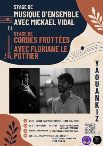 Affiche : Stage de musique avec Mickaël Vidal et Floriane Le Pottier, Cercle Celtique de Rennes, 7 nov.