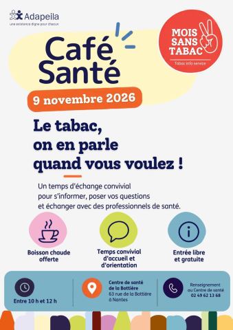 Affiche : Café Santé : un temps d'échange autour de la santé, Centre de santé de la Bottière, 9 nov.