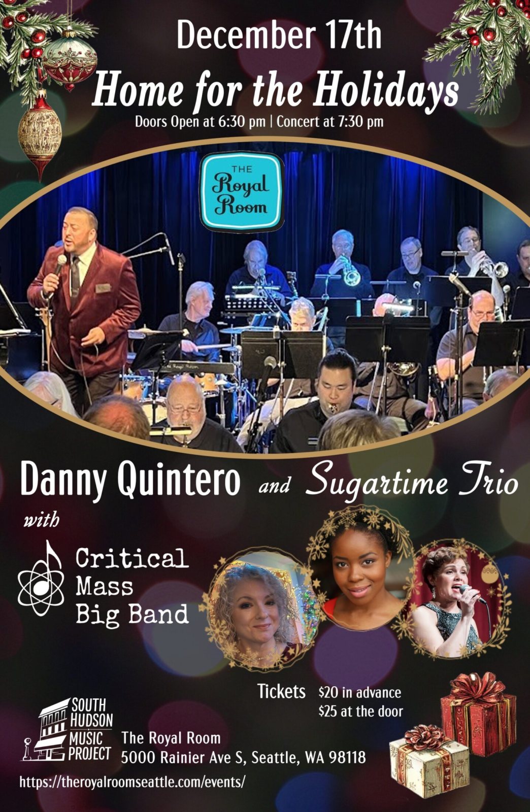 Poster: Home for the Holidays: Critical Mass Big Band w/Danny Quintero & Sugartime Trio