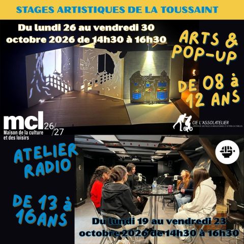 Affiche : Stage artistique de la Toussaint - ARTS & POP-UP, MCL St Marcel, 26 oct.