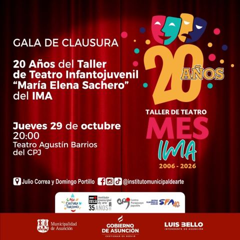 Cartel: Gran gala de clausura del Taller de Teatro del IMA, Teatro Agustín Barrios del Centro Paraguayo Japonés, 29 oct