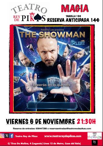 Cartel: ROBERTO LOLO. «The Showman» Magia y humor, Teatro rey de pikas, 6 nov