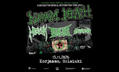 Juliste: Campaign for Musical Destruction 2026: Napalm Death (UK), Master (US), BRAT (US), Goatburner (FI), Kulttuuritehdas Korjaamo, 13.11.