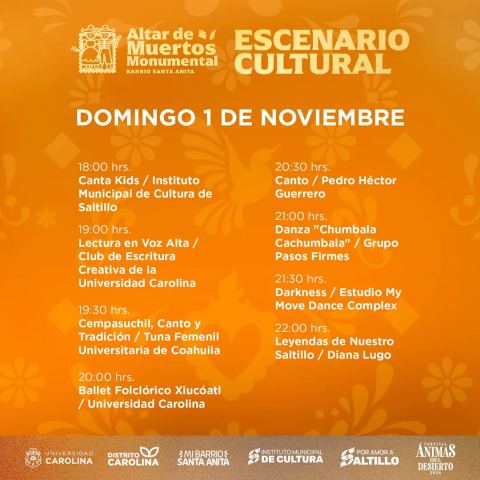 Cartel: Escenario Cultural del Altar de Muertos Monumental de Santa Anita: programa del domingo 1 de noviembre, Escalinata Santa Anita, 1 nov