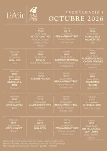Cartel: Blue Jazz Club – Octubre 2026, Blue Jazz Club (Hotel Saratoga), 1 oct