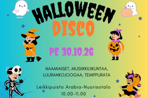 Juliste: Pienten Halloween disco, Leikkipuisto Arabia, 30.10.