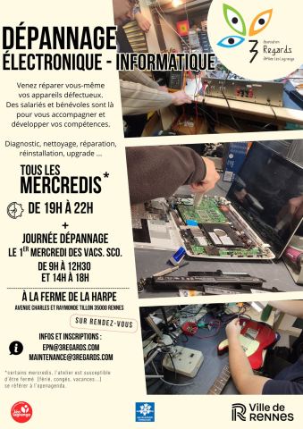 Affiche : Dépannage Électronique, Informatique & Numérique, Ferme de la Harpe, 28 oct.