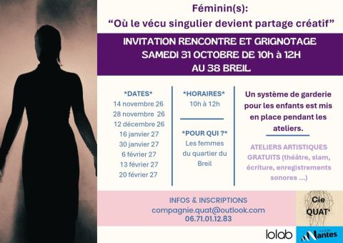 Affiche : Cycle d'ateliers "Féminin(s)" :  RENCONTRE ET GRIGNOTAGE, 38Breil, 31 oct.