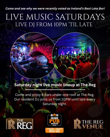 Poster: Live Music Saturdays- Lively Acoustic Set and DJ ’til late, The Reg, Oct 31