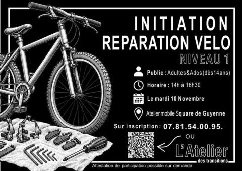 Affiche : Initiation Réparation de vélo, Niveau 1, square de guyenne, 10 nov.