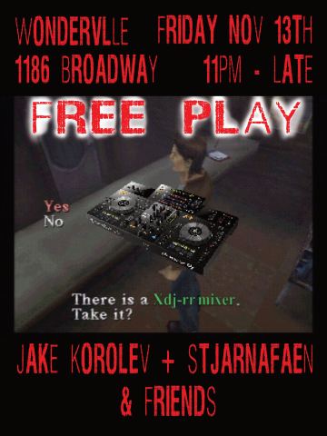 Poster: FREE PLAY: Jake Korolev + stjarnafaen & Friends, Wonderville, Nov 13