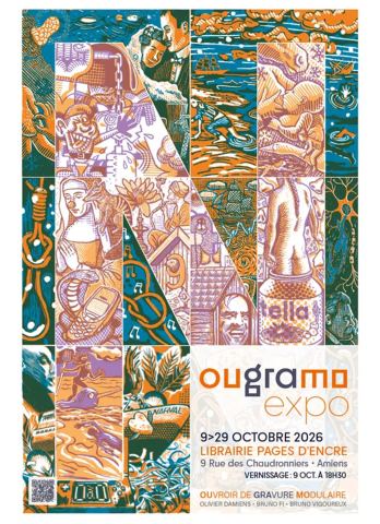 Affiche : OUGRAMO – exposition de gravure modulaire, Librairie Pages d'encre, 9 oct.
