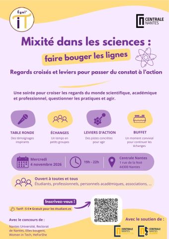 Affiche : Mixité dans les sciences : faire bouger les lignes ! - Soirée Centrale Nantes et Égal'iT, Ecole Centrale de Nantes, 4 nov.