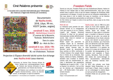 Affiche : Projection de Freedom Fields, Médiathèque Grand M, 6 nov.