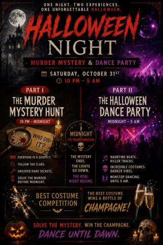 Affiche : 🎃 HALLOWEEN NIGHT: MURDER MYSTERY & DANCE PARTY 🩸, La Pomme d'Ève, 31 oct.