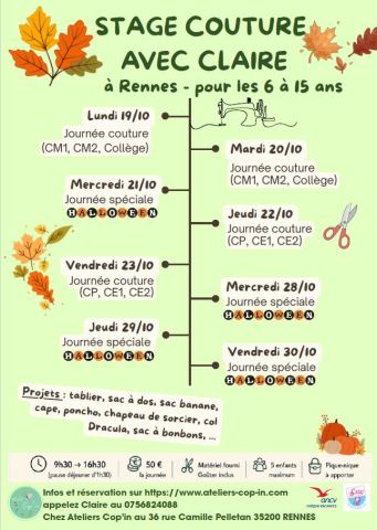 Poster: Stages couture enfants à Rennes – Vacances de la Toussaint 2026 | 6-15 ans | 8 journées créatives, dont 4 spéciales Halloween, Ateliers Cop'in, Oct 29