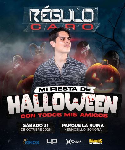 Cartel: Régulo Caro: Mi Fiesta de Halloween con Todos Mis Amigos, Parque La Ruina, 31 oct