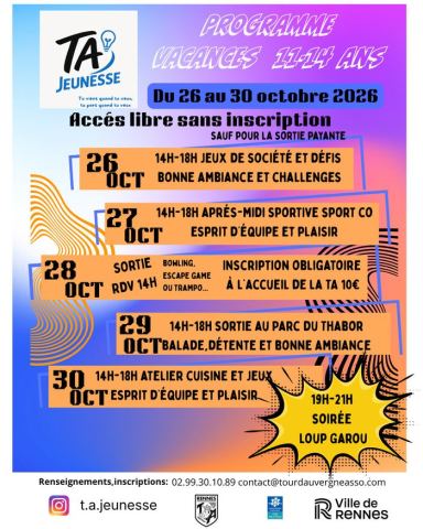 Affiche : accueil jeunesse 11/14 ans vacances, association la tour d'auvergne, 30 oct.