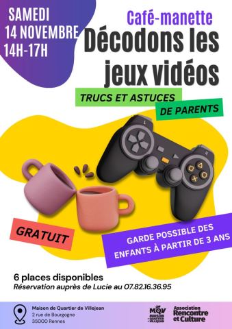 Affiche : Café Manette : Décodons les jeux vidéos, Espace Public Numérique | Maison de Quartier de Villejean, 14 nov.