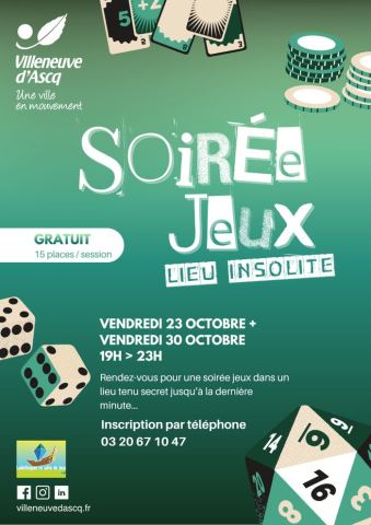 Affiche : Soirée jeux dans un lieu insolite, le lieu vous sera communiquée à l'inscription, 30 oct.