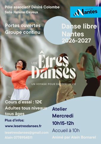 Affiche : Les Êtres Dansés - Danse libre et intuitive - Groupe continu, Pôle associatif Désiré Colombe, 4 nov.